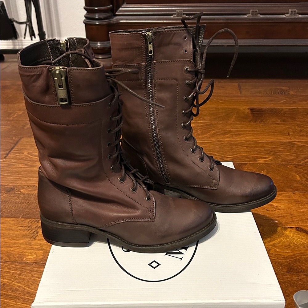 Steve Madden Leader Brown Leather Side Zip Lace Up Boot. Size 9. NIB - Picture 2 of 16